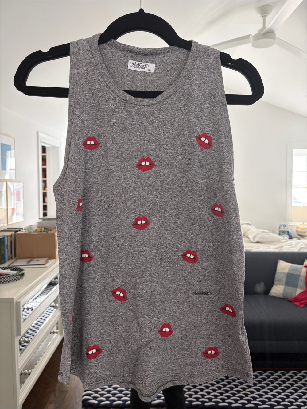 Lauren Moshi Grey Tank Top with Red Lip Print
